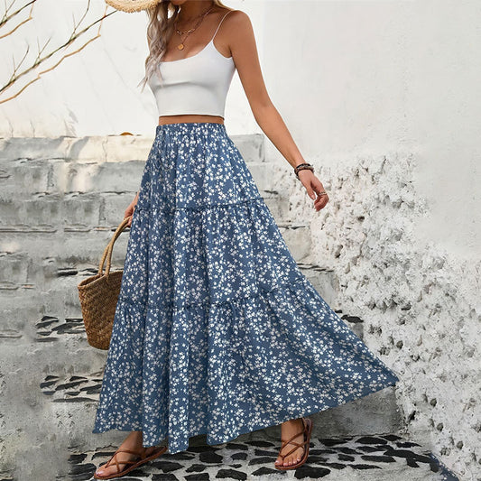 Women's Boho Floral High Waist Maxi Skirt