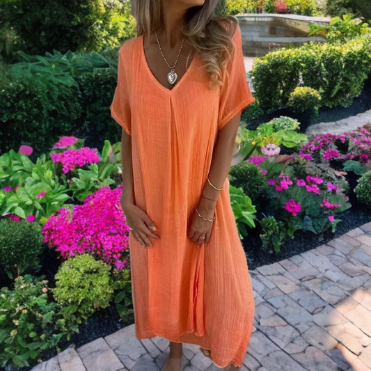 V Neck Cotton Linen Boho Maxi Dress