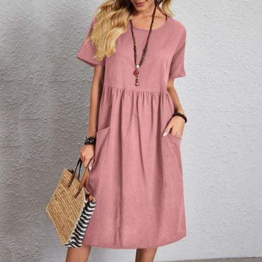 Women’s Cotton Linen Midi Dress With Pockets