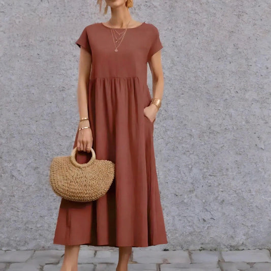 Boho Cotton Linen Short Sleeve Midi Dress